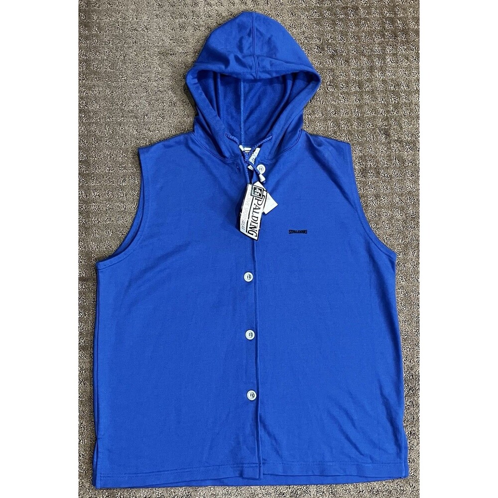 Spalding Sleeveless Hoodie Men’s Hooded Button-Up Top Blue Vintage Y2K 90s NWT